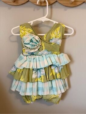 Mustard Pie Girls 3M Green Floral Woven Romper Sleeveless Ruffle One Piece